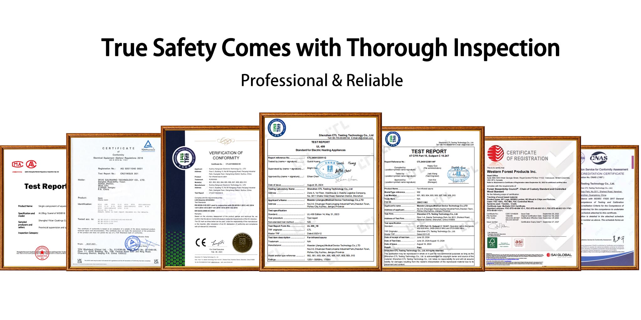 Samsora steam saunas quality certifications banner - premium compliance with VOC, UKCA, CNAS and global environmental safety standards