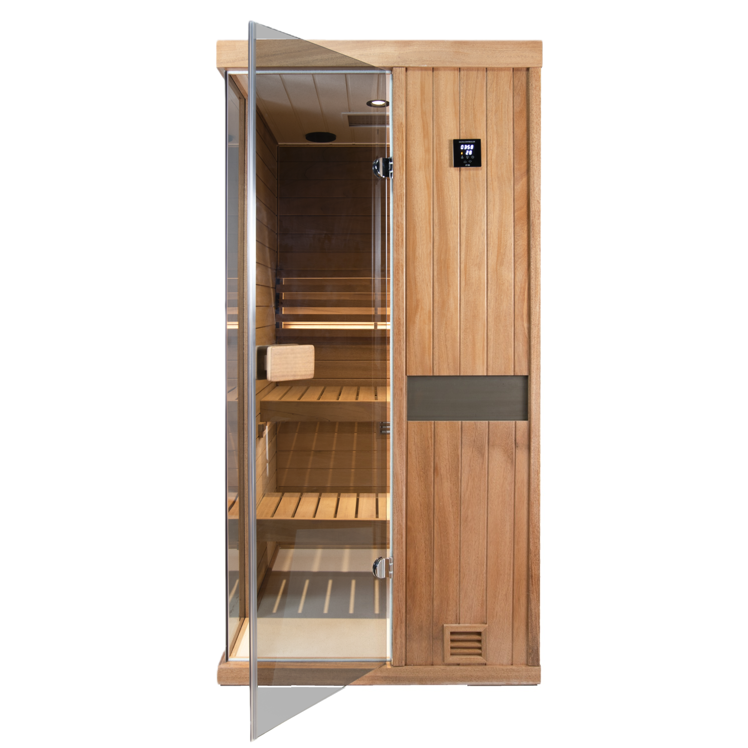  Samsora 701ST steam sauna frontal display - compact mahogany construction featuring ionized air technology for respiratory wellness and intimate spa experience